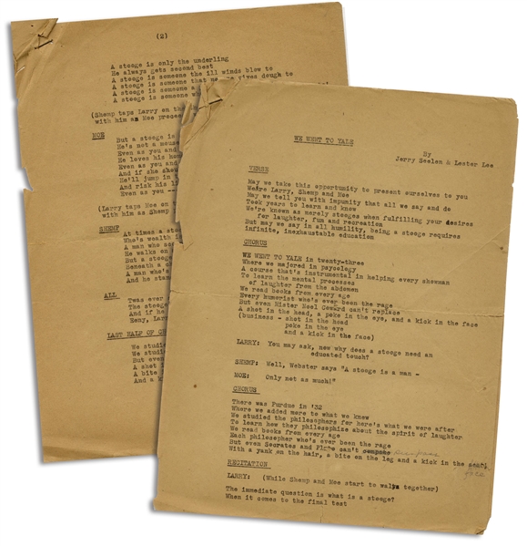Moe Howard 2pp. Hand-Annotated Script for a Three Stooges Theater Skit, Entitled ''We Went to Yale'' -- Circa 1950 With Shemp -- Chipping to Sides, Good Condition